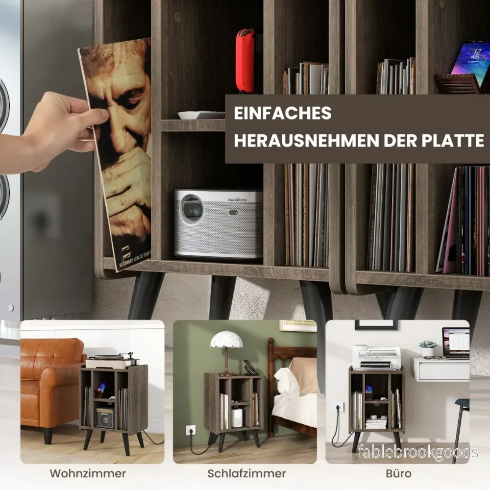 Skivspelarställ – med laddstation och öppna hyllor Vinylskivor Skivspelare Bord – 4 – Grå - Bild 3