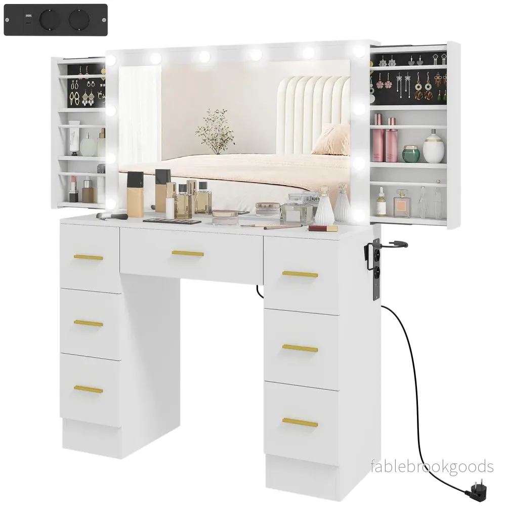 Sminkbord med spegel, 12 LED-lampor, 7 lådor, vit