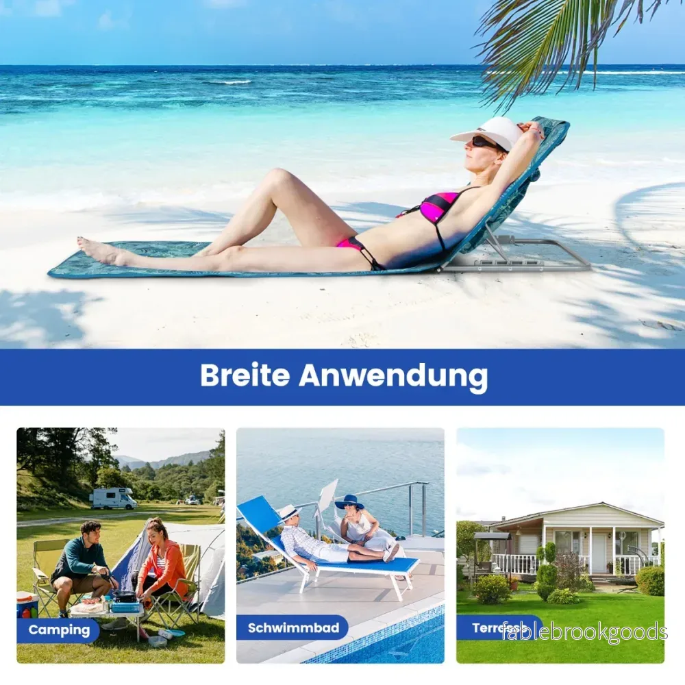 Set – med strandmattor sidobord, kudde och förvaringsfack, solstolsmatta justerbart ryggstöd, turkosblå – 2 – Turkos - Bild 2