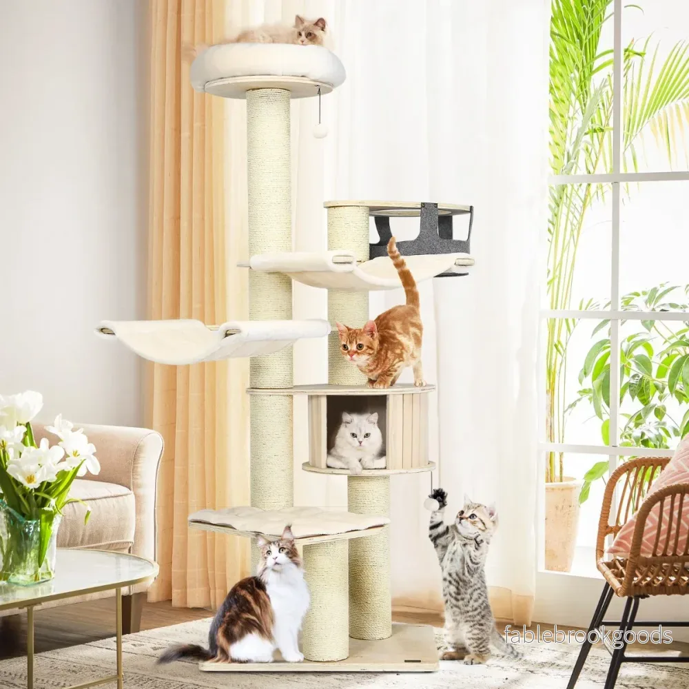 vånings – skrapstolpe i trä med hängmatta och kattgrotta hängkorg bollar kattträd – 7 197 cm – Beige - Bild 2