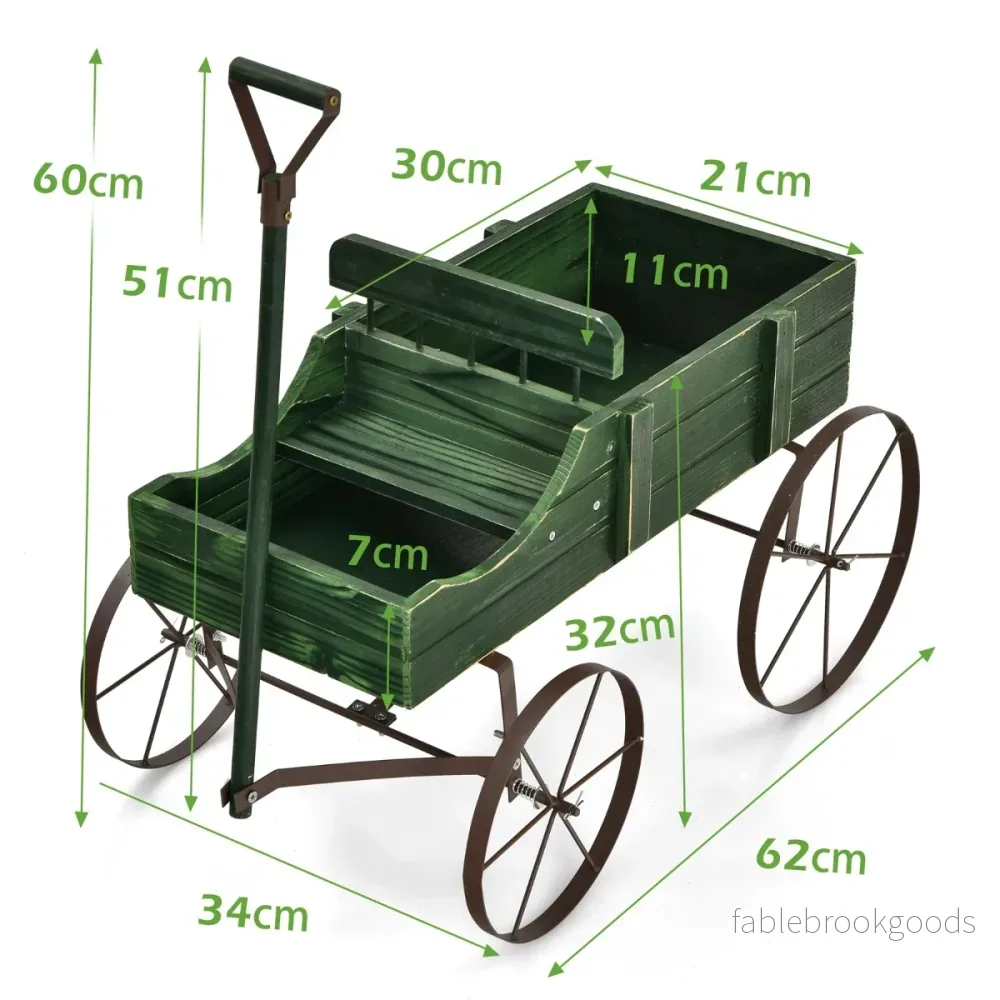 Trävagn – Blomlåda Dekorativ blomsterlåda med hjul – 62 x 34 x 60 cm – Grön - Bild 3