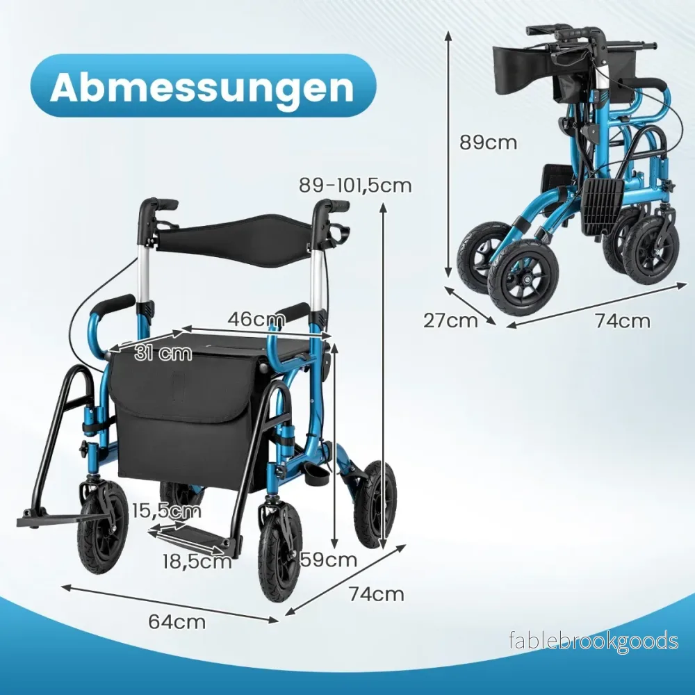 Fällbar – och lätt rollator med luftdäck sittplats i rullstol rese – 2 1 – Blå - Bild 2