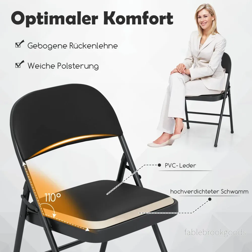 stycken – hopfällbara trädgårdsstolar campingstolar konstläder med metallram matstolar vadderade upp till belastning – 4 150 kg – Svart - Bild 3