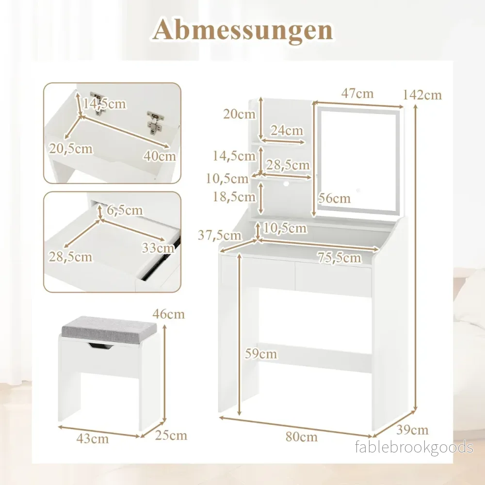 Sminkbordsset – med spegel, LED belysning och förvaringspall Vitt – Vit - Bild 2