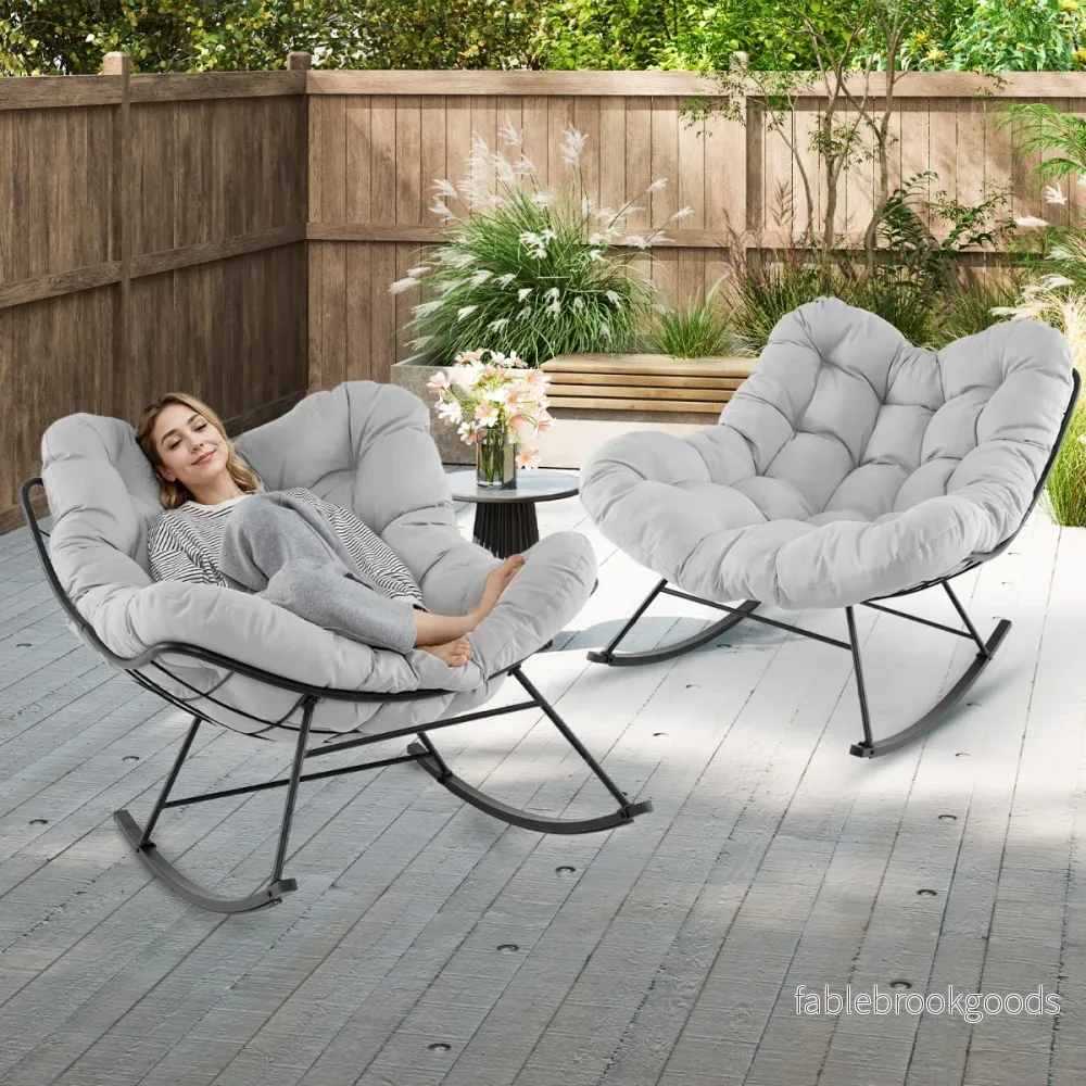Gungstol – för inomhus och utomhusbruk, extra stor papasan med vadderat kudde, terrassstol bärkraft – 205 kg – Ljusgrå - Bild 3