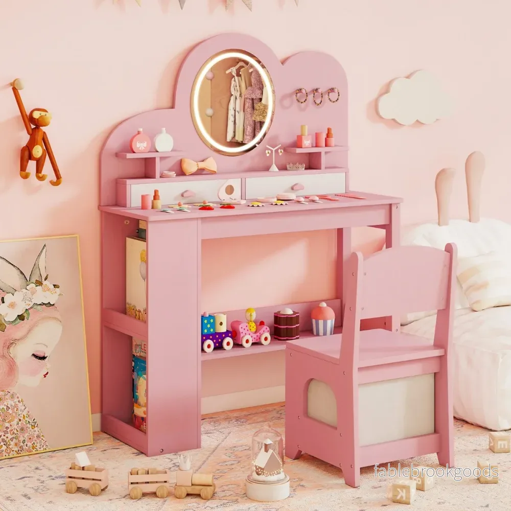 Barnsminkbord – med belysning Prinsessans frisörbord och stolsset lådor – 2 – Rosa - Bild 3