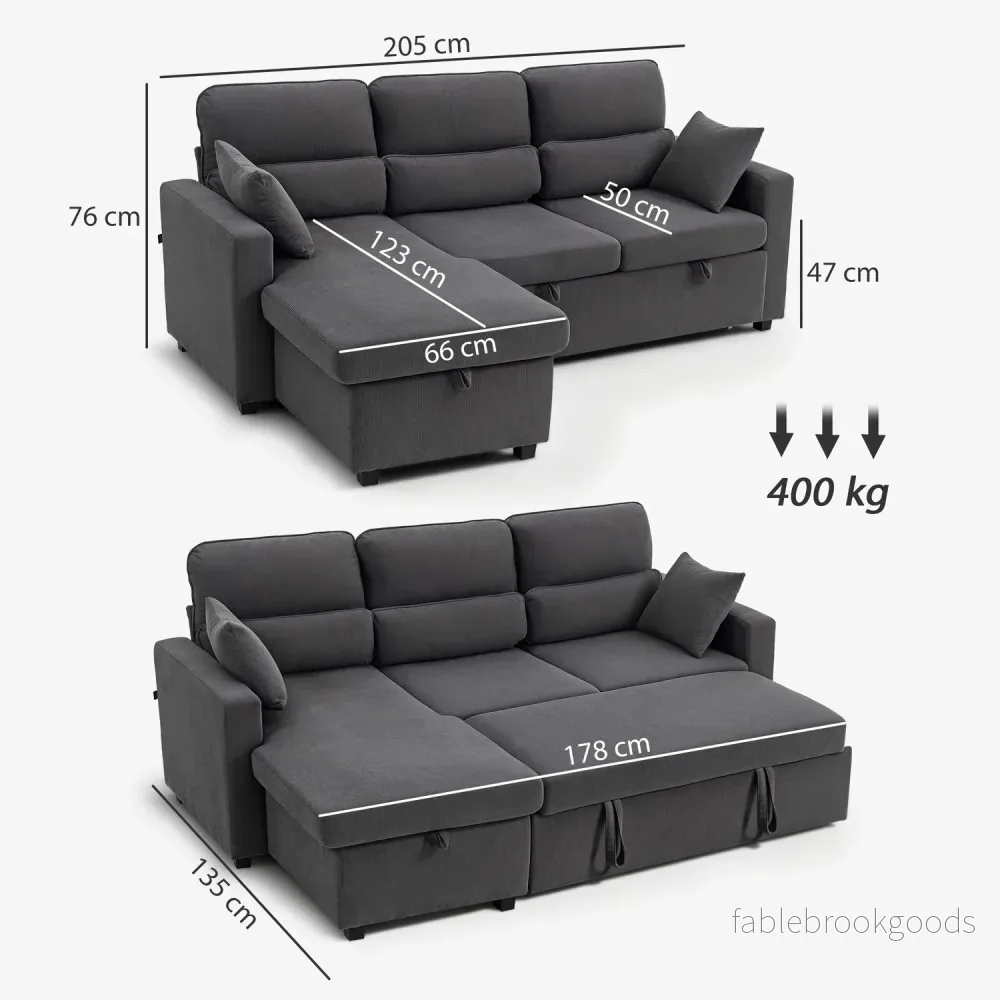 Ställbar L-formad bäddsoffa med förvaring, mörkgrå - Bild 3