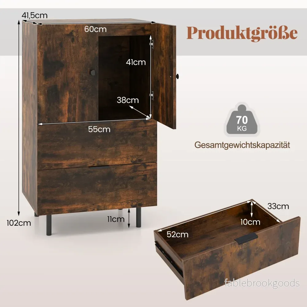 Sidoard – i trä med metallben, bufféskåp, serveringsskåp lådor och dörrar, – 60 x 41,5 x 102 cm – Kaffe - Bild 2