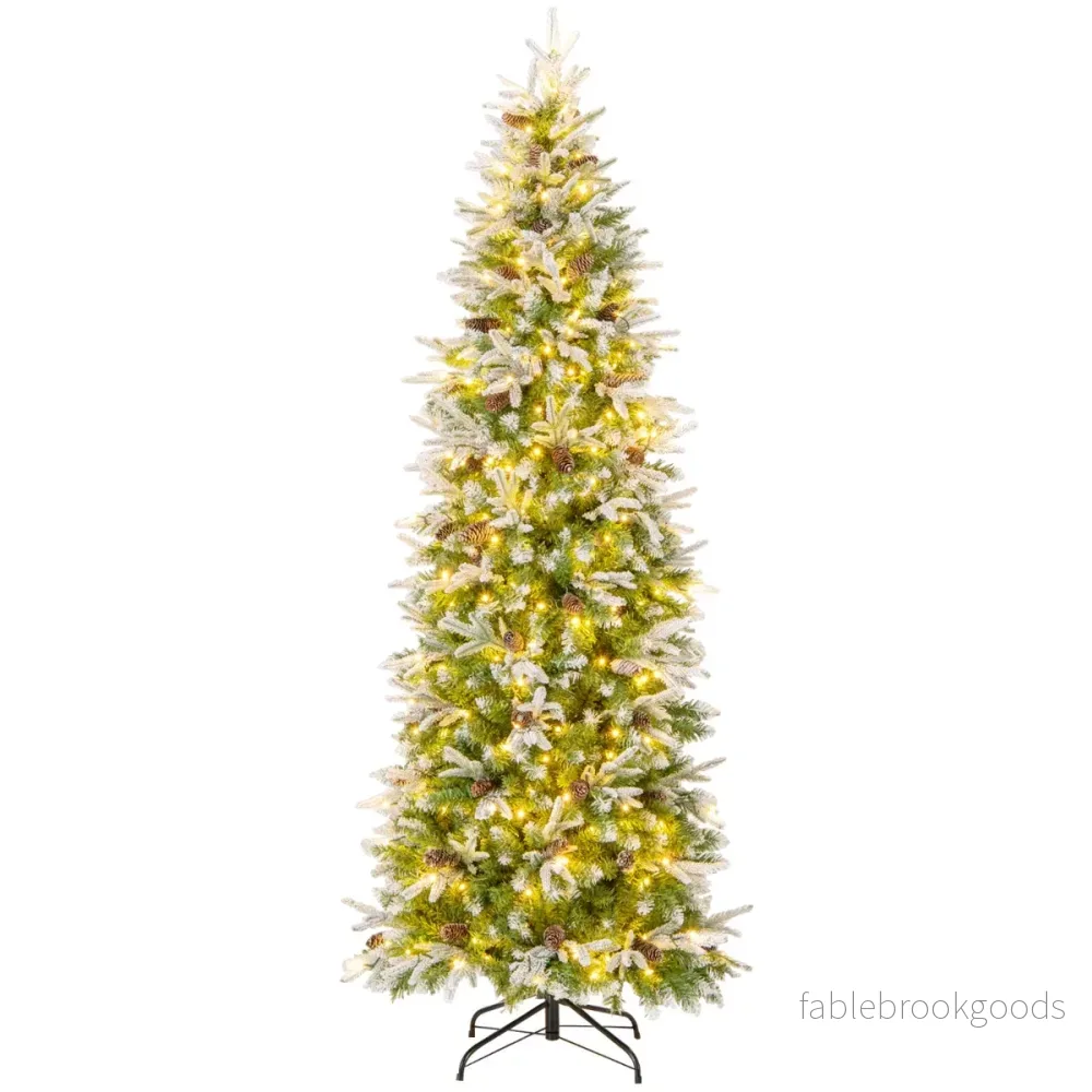 Hög – upplyst julgran, snötäckt festgran i form av en penna – 225 cm – Grön