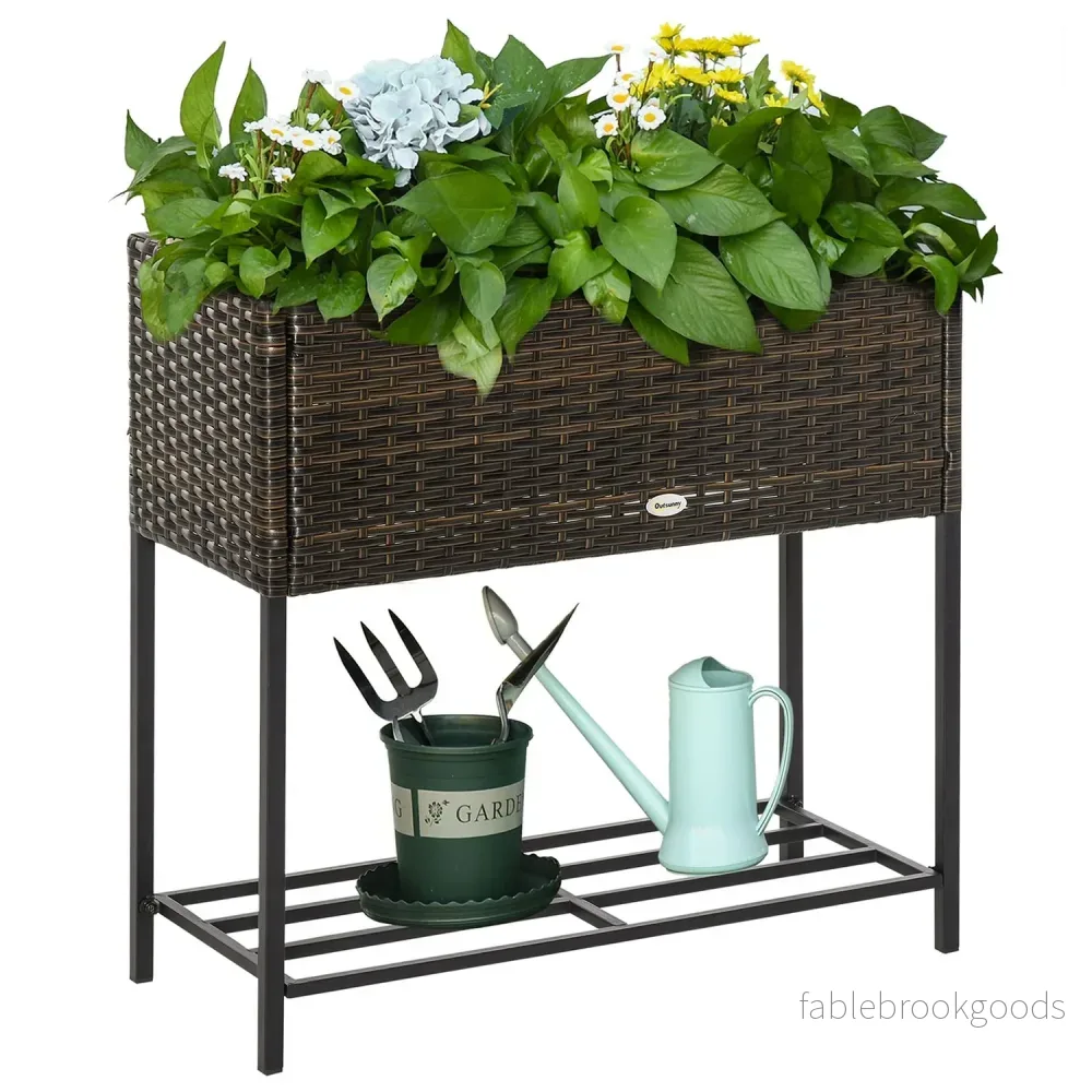Blomlåda i polyrotting med hylla, brun, 70x30x72 Cm