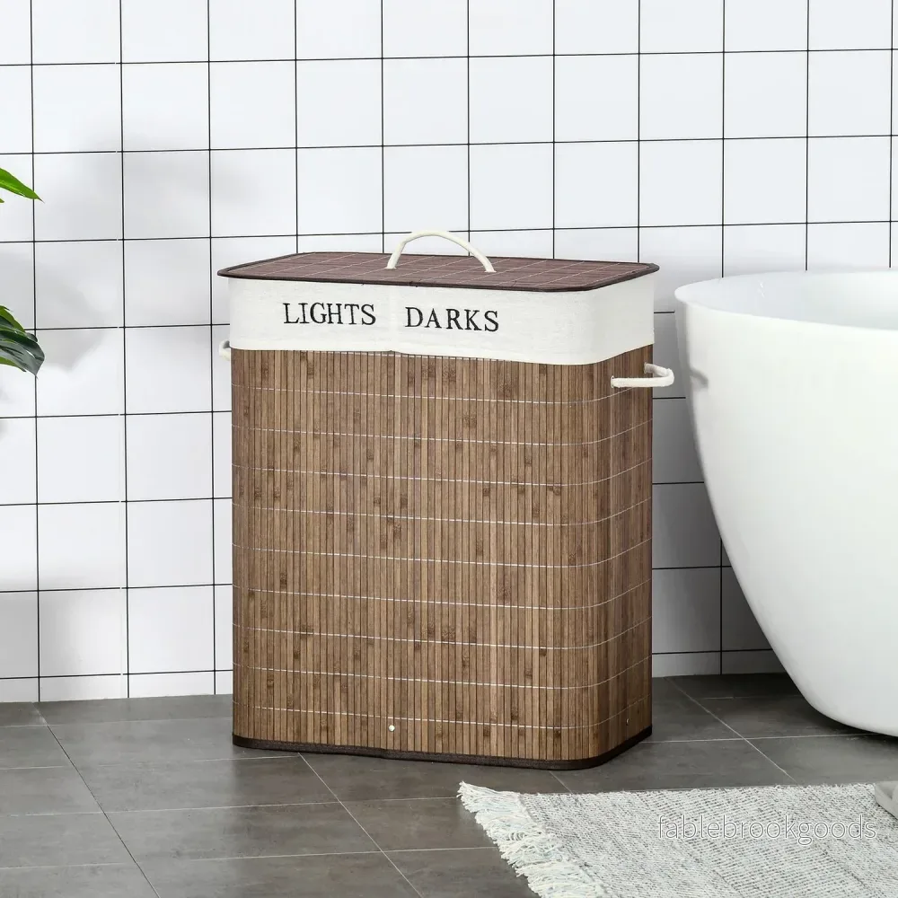 100L tvättkorg – bambu, bomull, 3 handtag, tvättbar - Bild 2