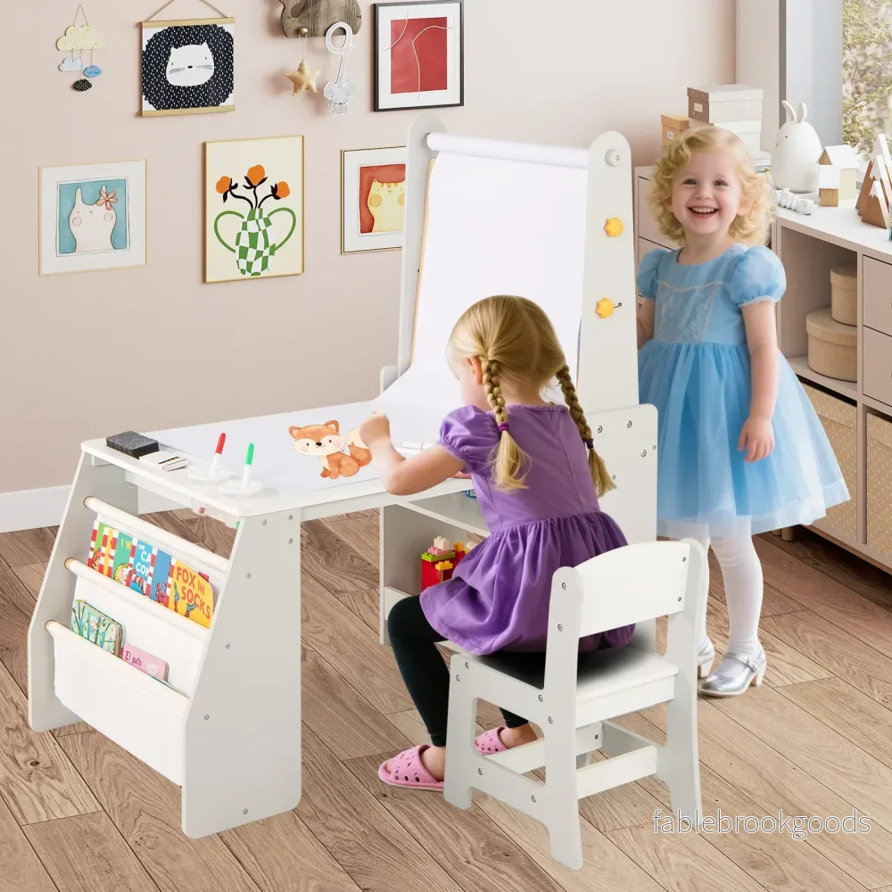 Barnkonstbord – och stolset Barnbord med staffli Whiteboard griffeltavla – Grå - Bild 3
