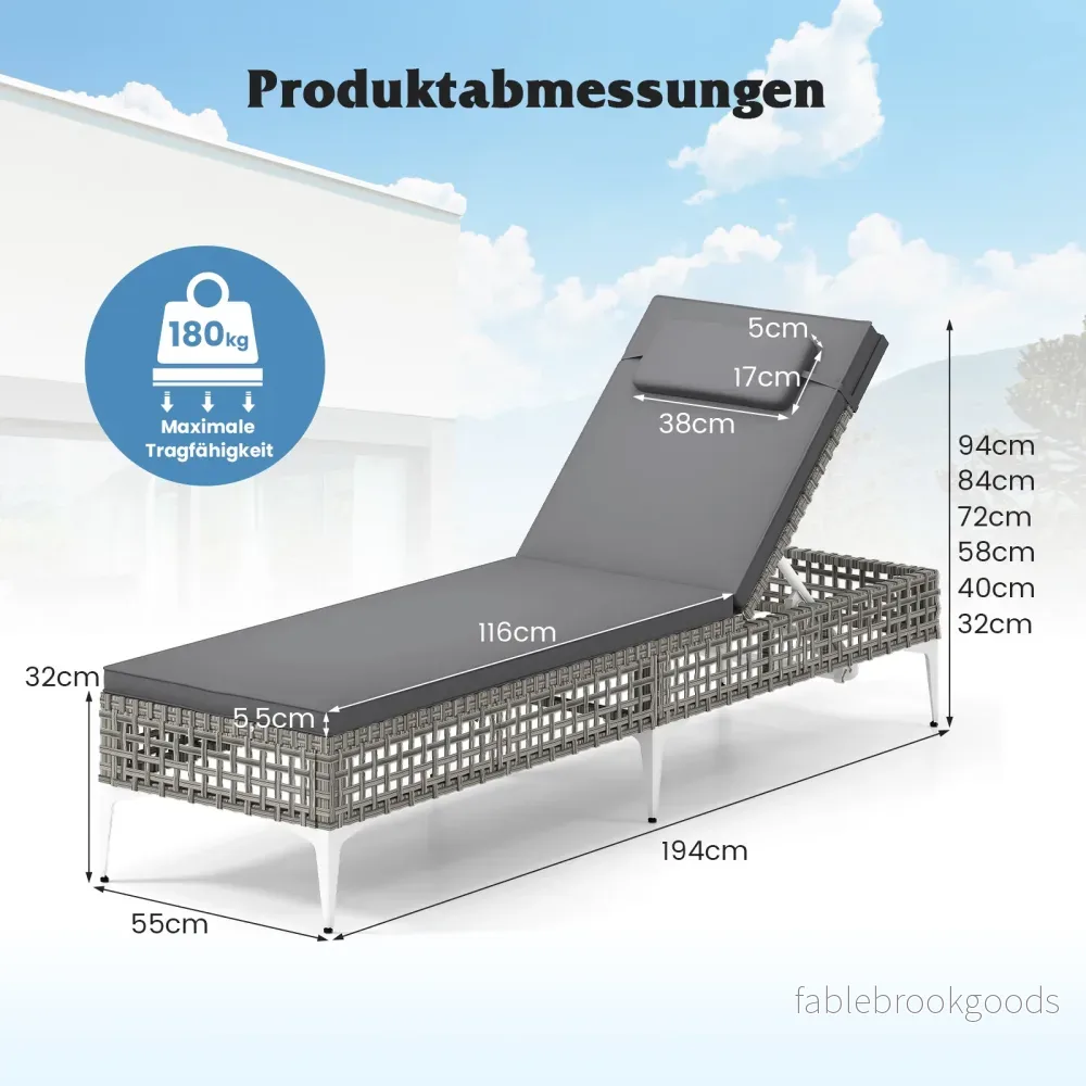 Rattan – solstol trädgårdsstol med dyna och nackstöd justerbart ryggstöd balkongstol – Grå - Bild 2