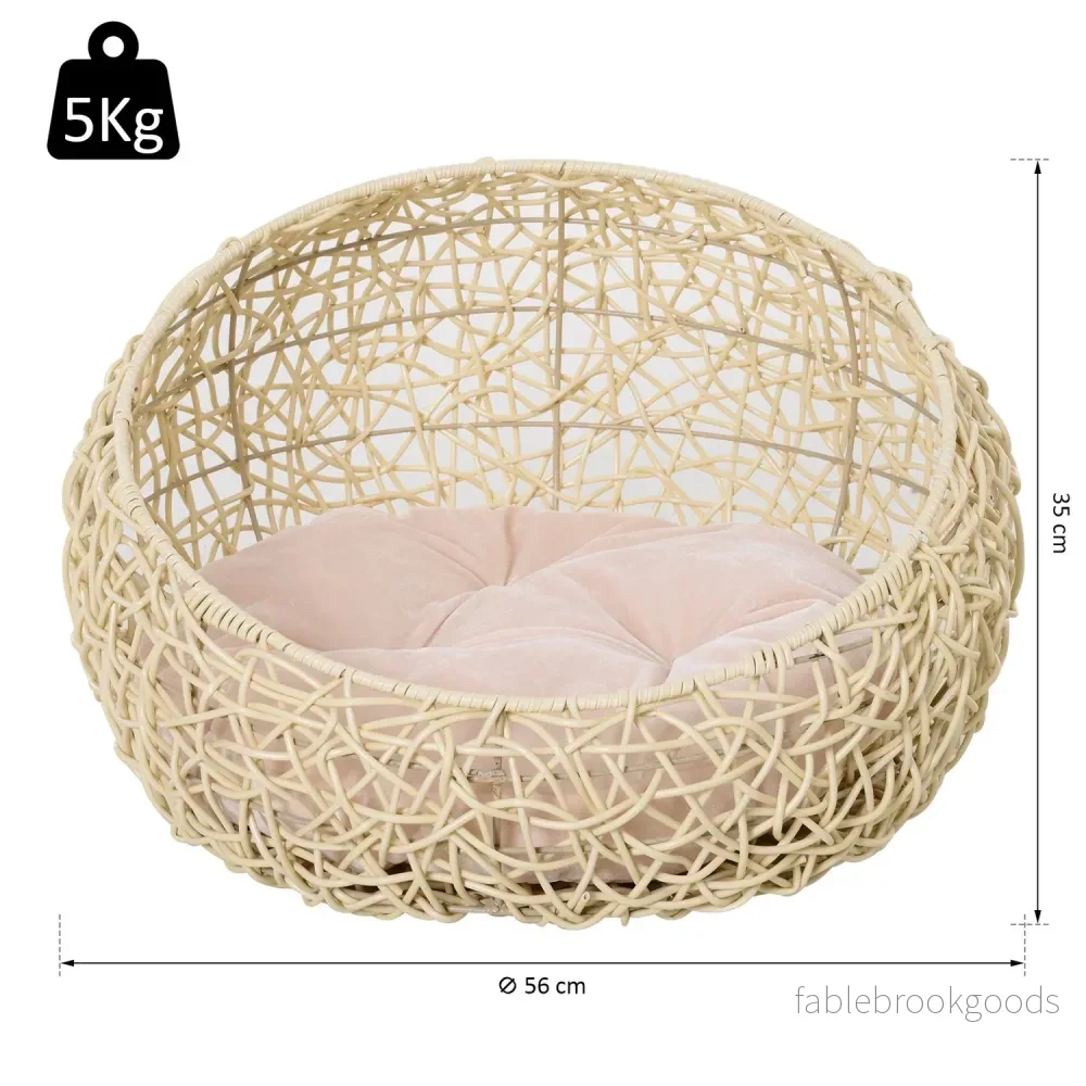 Rattan Cat Cave Bed – Mysig beige med kudde, 56x35Cm - Bild 3