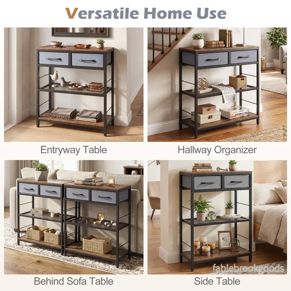 Smal – konsolbord, entrébord med två tygfacklådor och öppna hyllor cm, rustikbrunt – 60 x 30 x 81 - Bild 3
