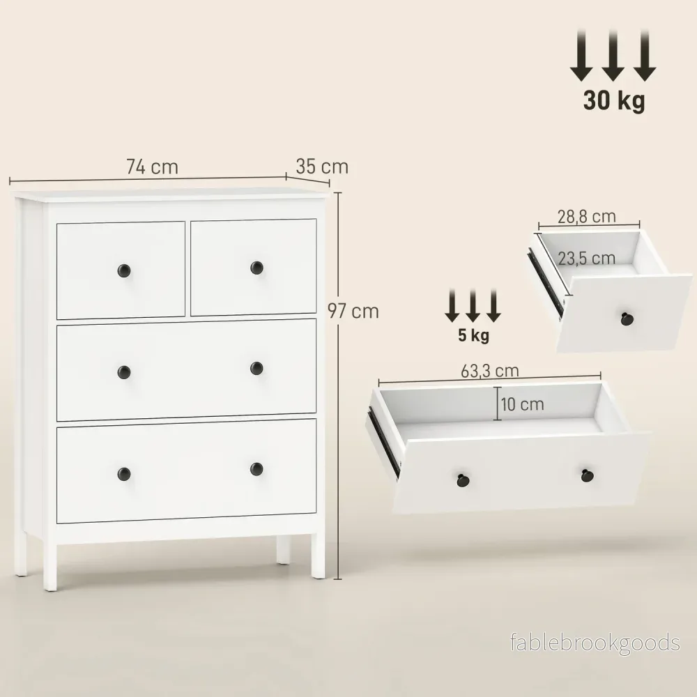 Kommod med 4 lådor för kläder och sängkläder, vit MDF - Bild 3