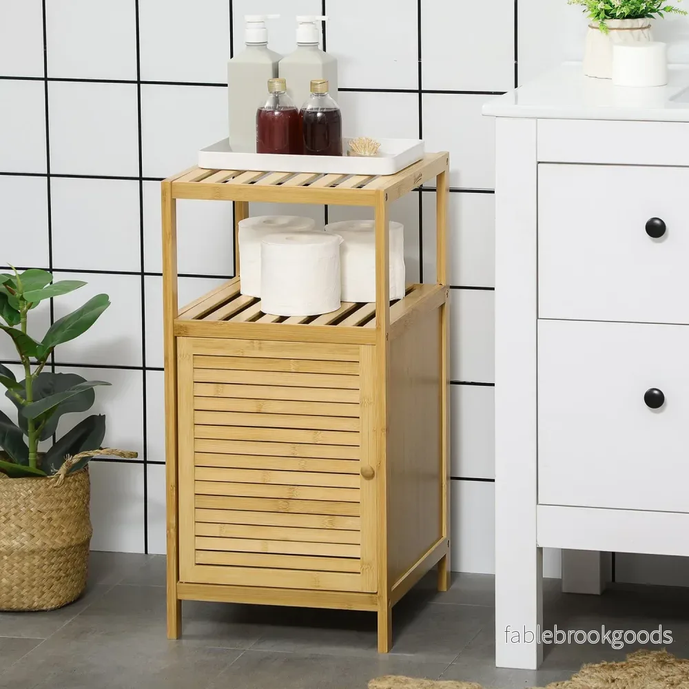 Badrumsskåp i bambu, öppen hylla, tippskyddsdesign - Bild 2