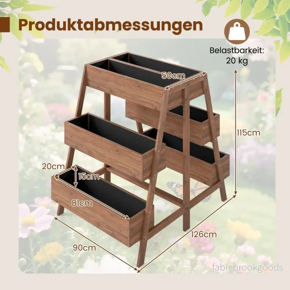 Flerstegs – upphöjd rabatt Trä med ribbotten design och planteringslådor – 6 126 x 90 x 115 cm – Natur - Bild 3
