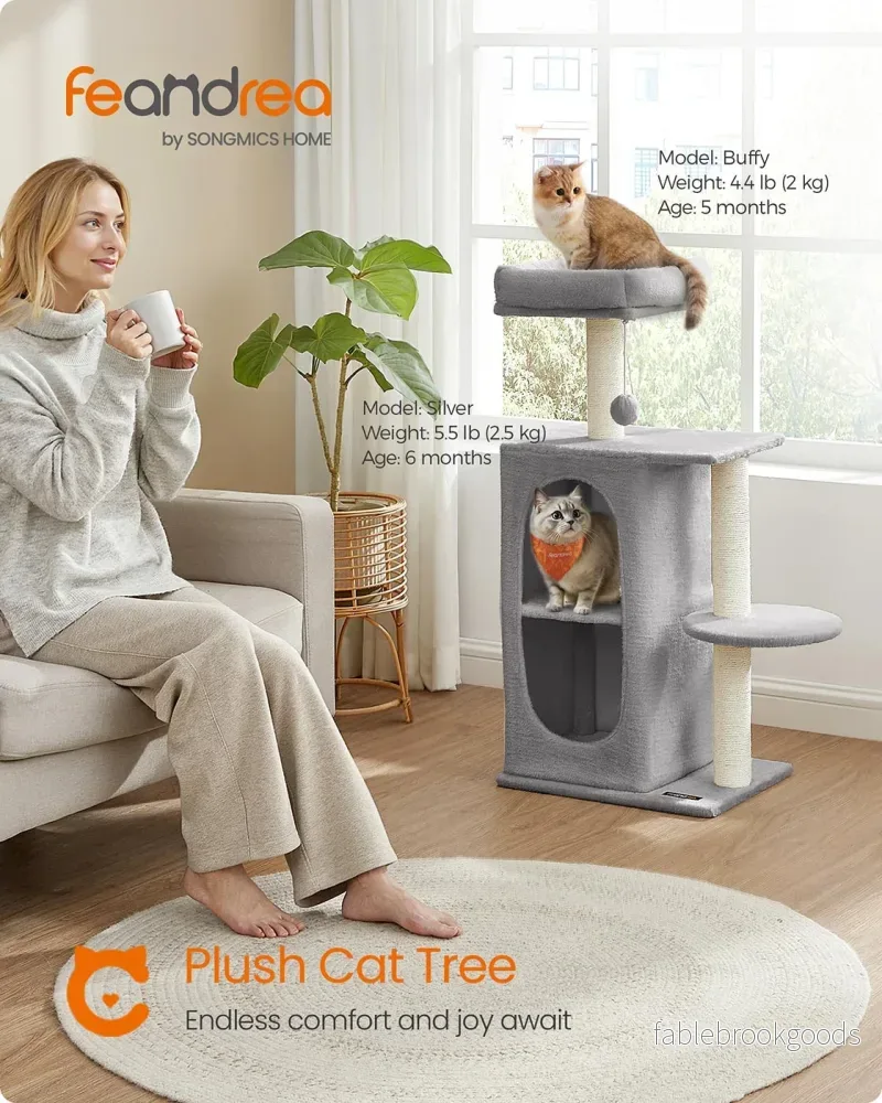 Kattträd med 2 hål och 1 plattform – Plysch – Ljusgrå - Bild 2