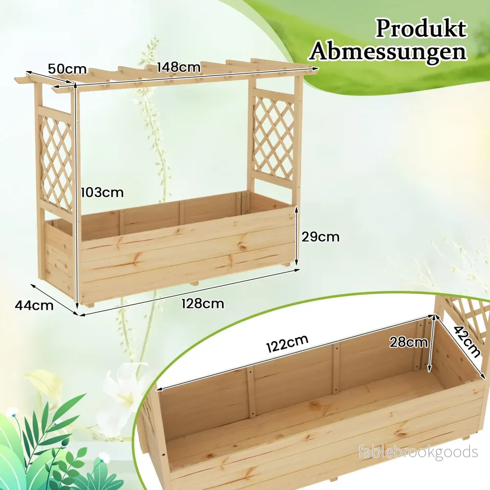 Högbädd – med spaljé och hängande tak, planteringslåda stöd dräneringshål, blomlåda – 150 x 50 x 104 cm – Natur - Bild 2