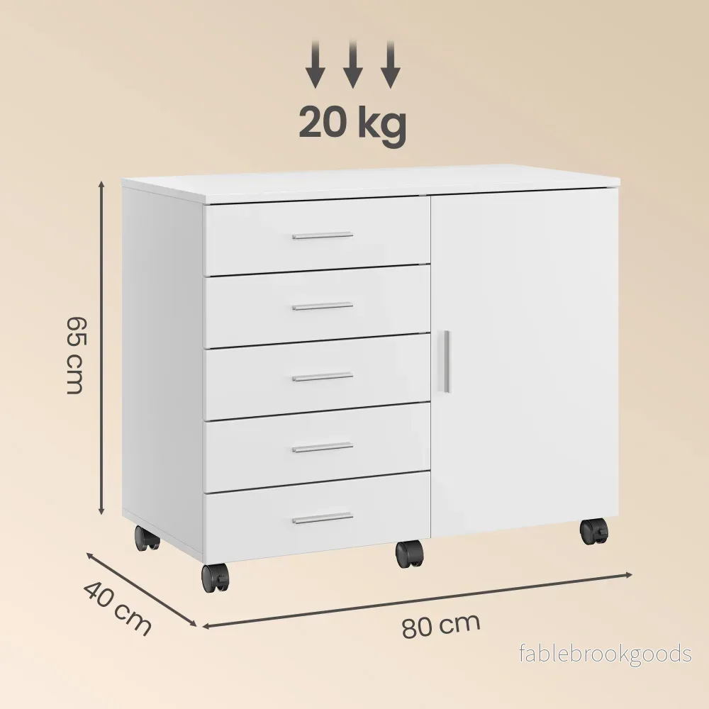Rolcontainer - 5 Lades - Met Deur - Printerstandaard - Wit - Bild 3