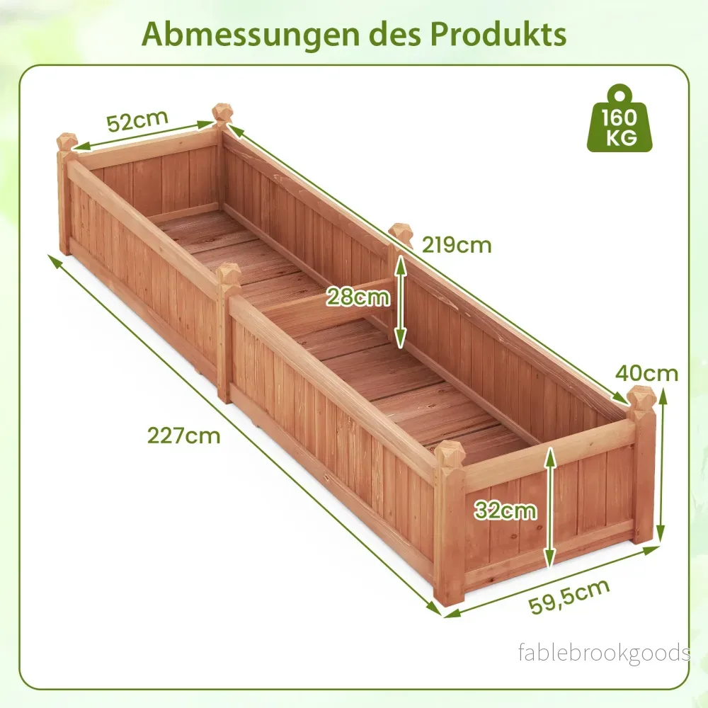 Blomlåda – Högbädd Trä Planteringslåda med Avdelare Dräneringshål och Vävnadsfolie Trädgårdsbädd Planteringsbädd – 227 x 59,5 x 40 cm – Brun - Bild 2