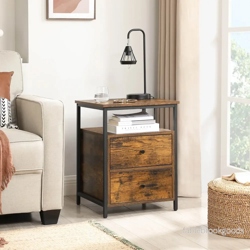 Sängbord – 2 lådor – Industriell design – Brun/Svart - Bild 3