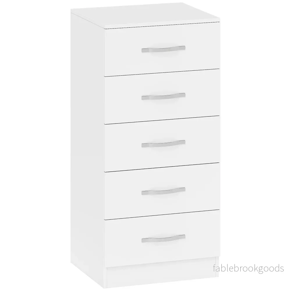 Vit byrå med 5 lådor, spånskiva, platsbesparande design