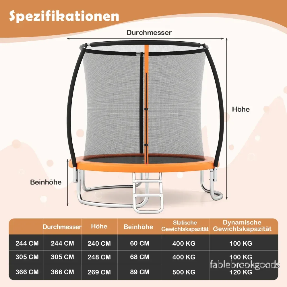 Trampolin – utomhus med stege, rund säkerhetsnät, kantöverdrag och metallram – Ø 305 cm – Orange - Bild 2