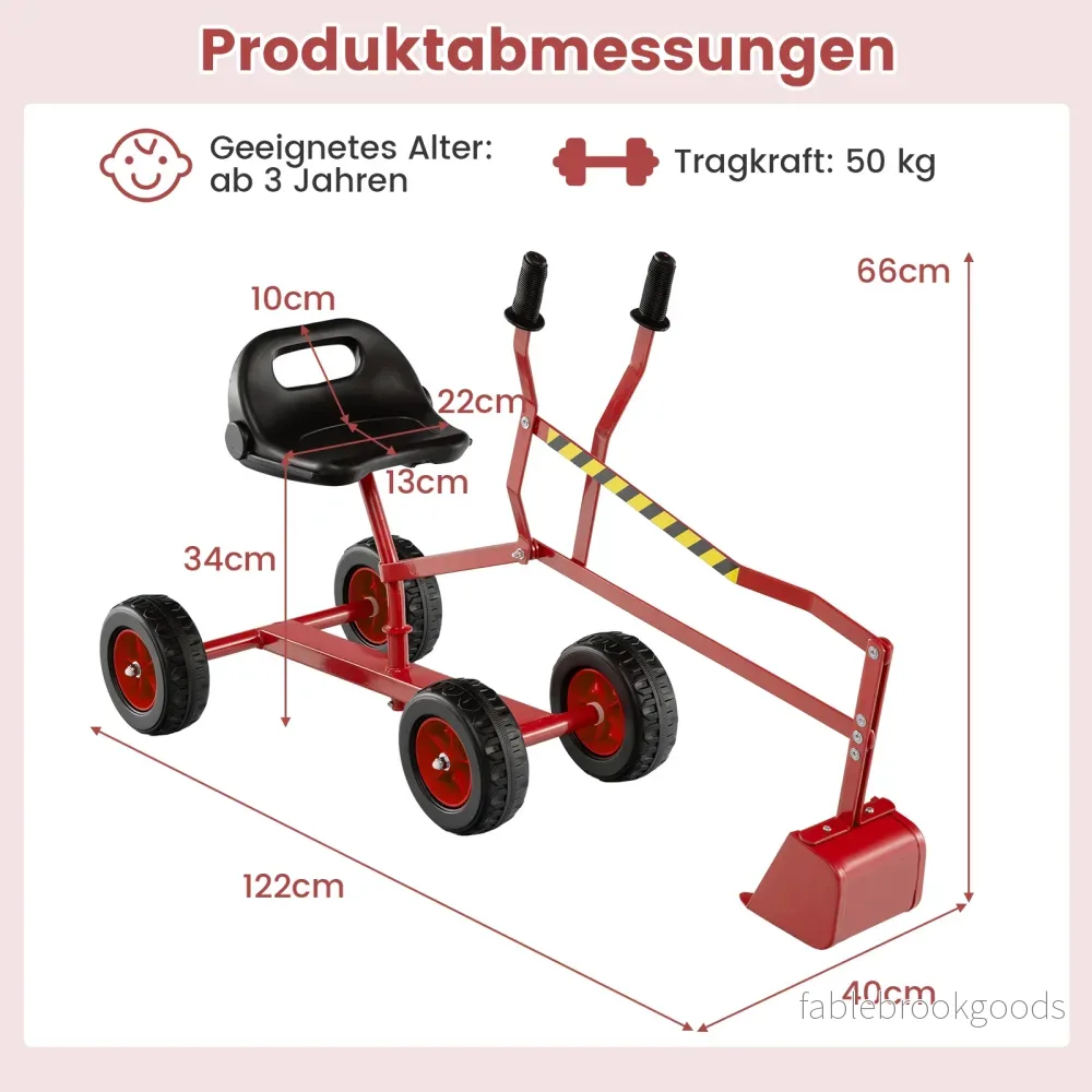 Sittgrävmaskin – 360° roter för att sitta på, metall med skopa och hjul, sandlåda – Röd - Bild 2