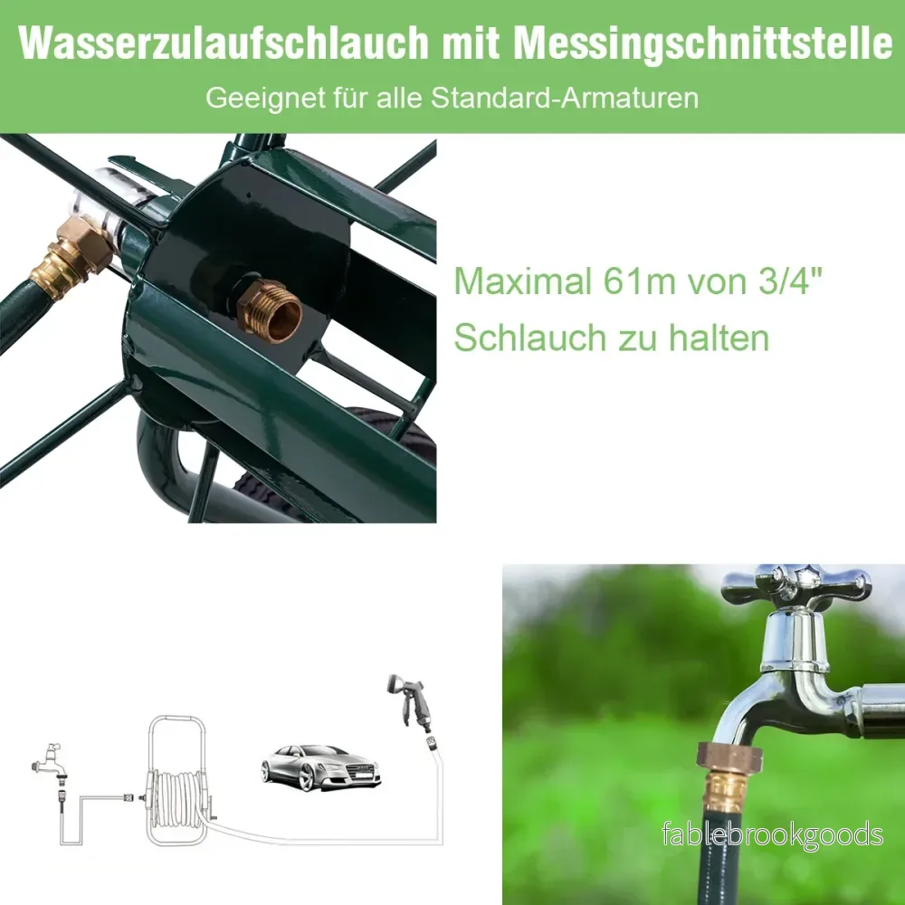 Metallslangvagn – med pneumatiska däck och vev för 3/4" trädgårdsslang – 2 61 m – Grön - Bild 2