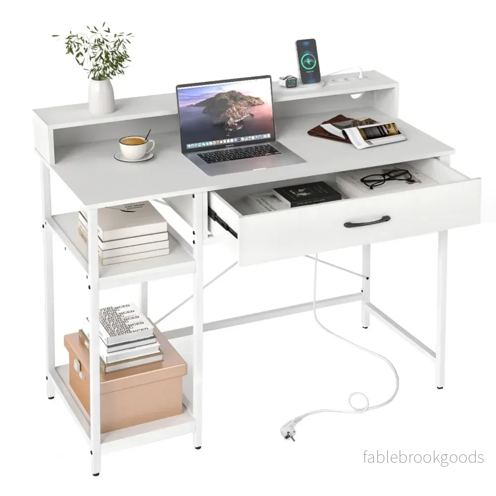 Datorbord – med Eluttag Homeoffice Schreibtbord Upplägg Skåp och Öppna Regaler – 2 – Vit
