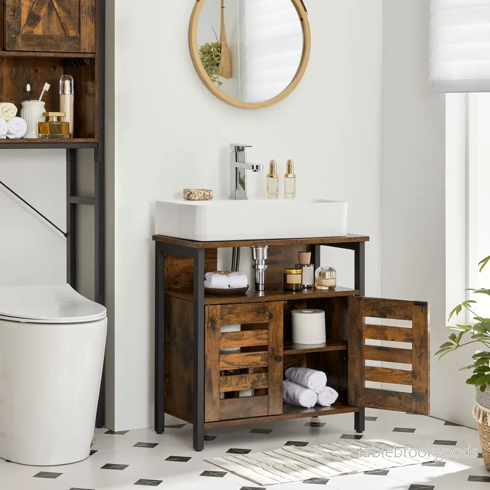 Tvättställsskåp - Vintage look - Träskiva - Brun-Svart - Bild 3
