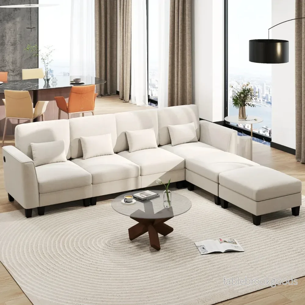 Hörnsoffa – med ottomaner U formad modulär USB och Type C laddningsportar sits soffgrupp – 2 4 280 cm – Beige - Bild 3