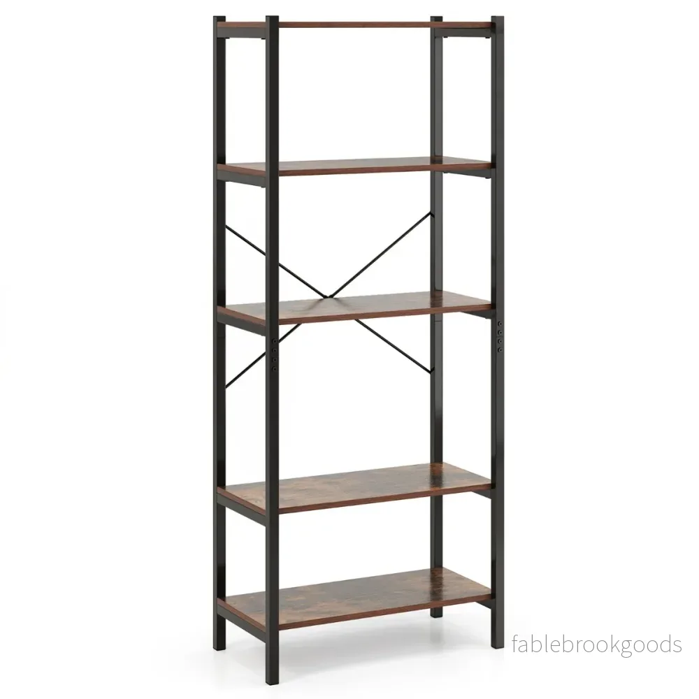 stegs – bokhylla fristående industriell i trä med metallram – 5 66 x 34 x 161 cm – Rustik brun