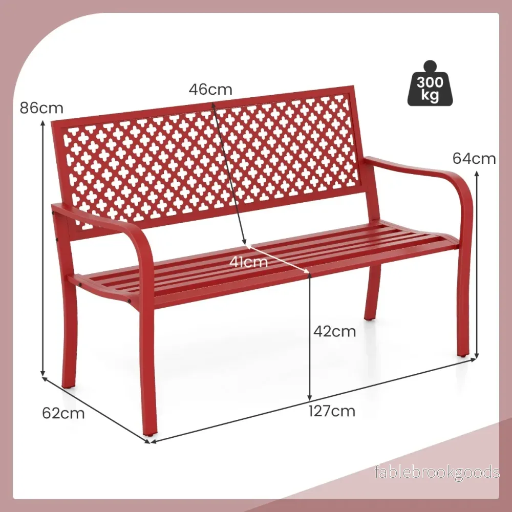 Trädgårdsbänk – Metall väderbeständig för sits parkbänk med ryggstöd och armstöd – 2-3 127 x 62 x 86 cm – Röd - Bild 2