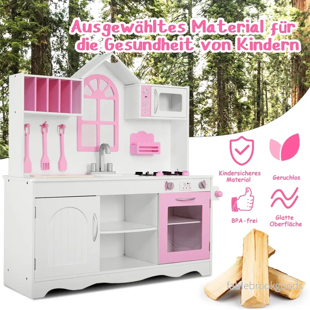 Barnkök – Lekkök i trä med diskbänk och krokar ugn mikrovågsugn – Rosa - Bild 2