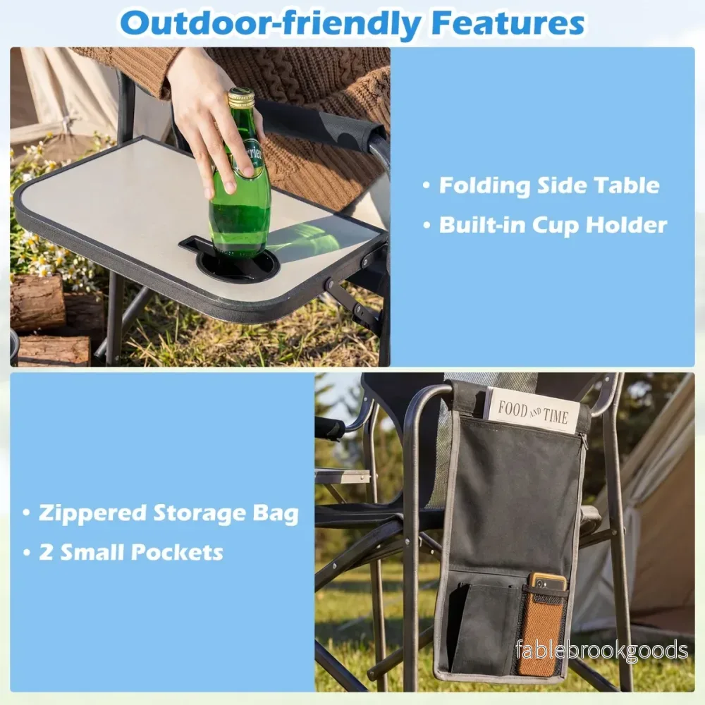 Klappbar – registol med sidobord, sidoficka och dryckeshållare, campingstol – Svart - Bild 3
