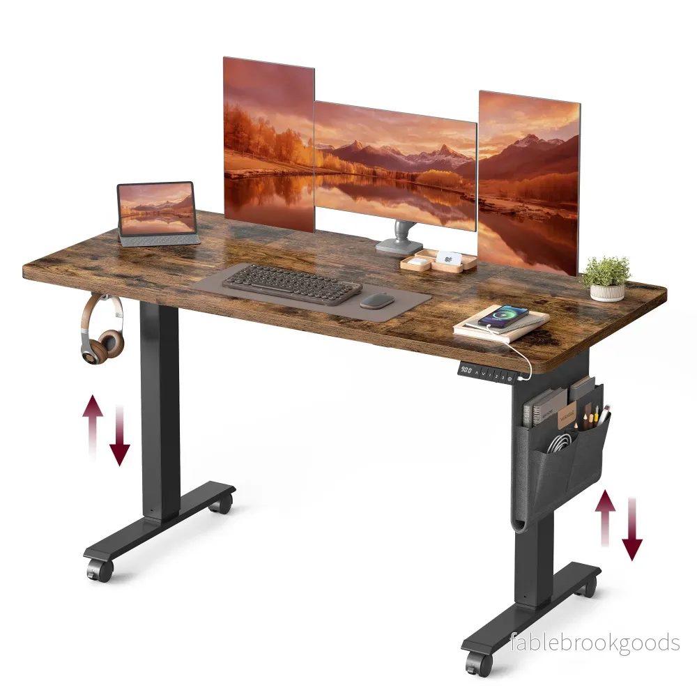 Elektrisch Zit-Sta Bureau - 140 x 60 cm - 4 Geheugenstanden - Vintage Bruin
