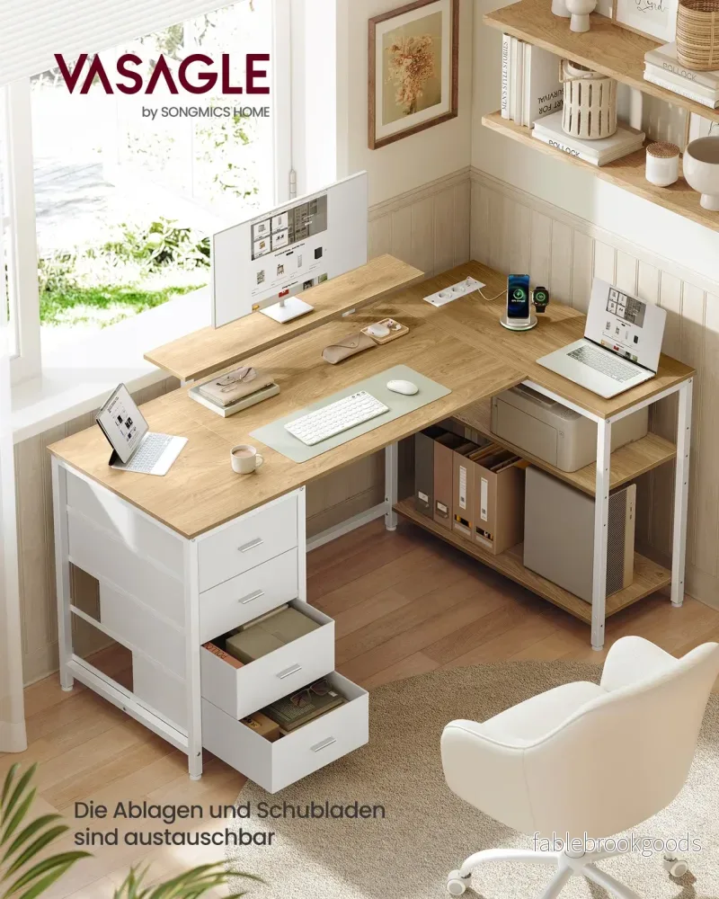Hoekbureau - L-Vorm - Omkeerbaar - 4 Lades - Tarwegeel-Mat Wit - Bild 2