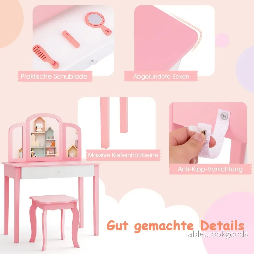 Sminkbord – och stolset för barn med hopfällbar spegel låda + – Rosa - Bild 2