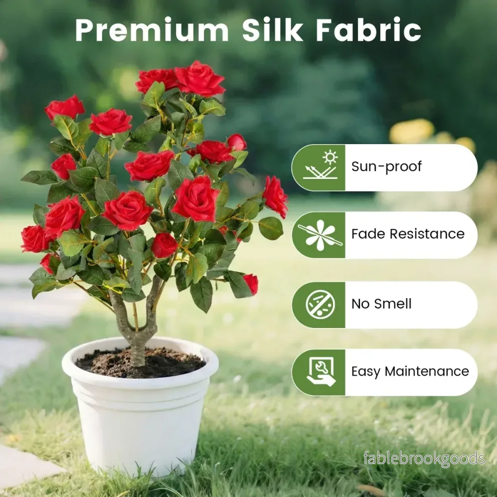 Delnings – Set Konstväxt Rosor Med Jordspets och Ständigt Gröna Blad Stjälkar Silkblommor – 2 – Röd och grön - Bild 3