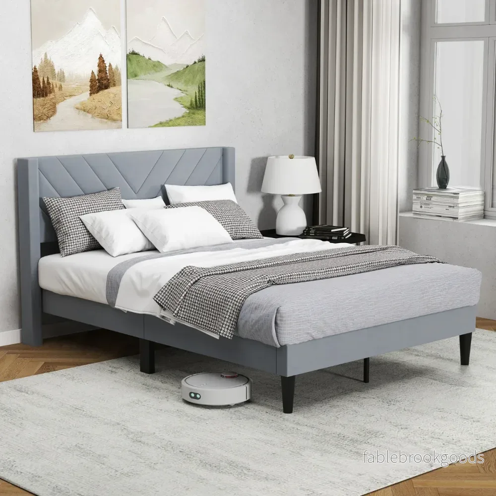 Sängram – för madrass Polstrad plattformssäng med huvudgavel – 200 x 140 cm – Grå - Bild 3