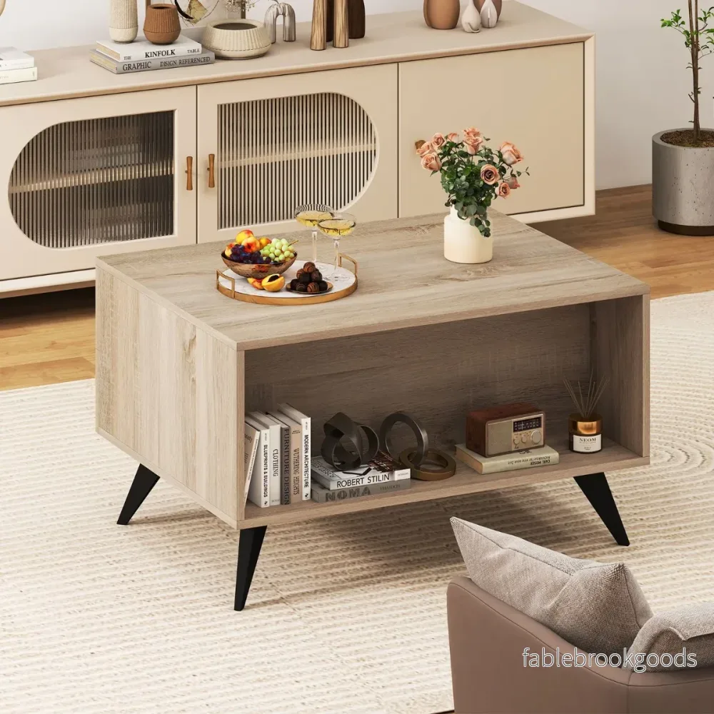 Modernt – soffbord med förvaringsutrymme Farmhouse accentbord öppna fack och lådor – 3 80 x 60 x 46 cm – Ekgrå - Bild 3