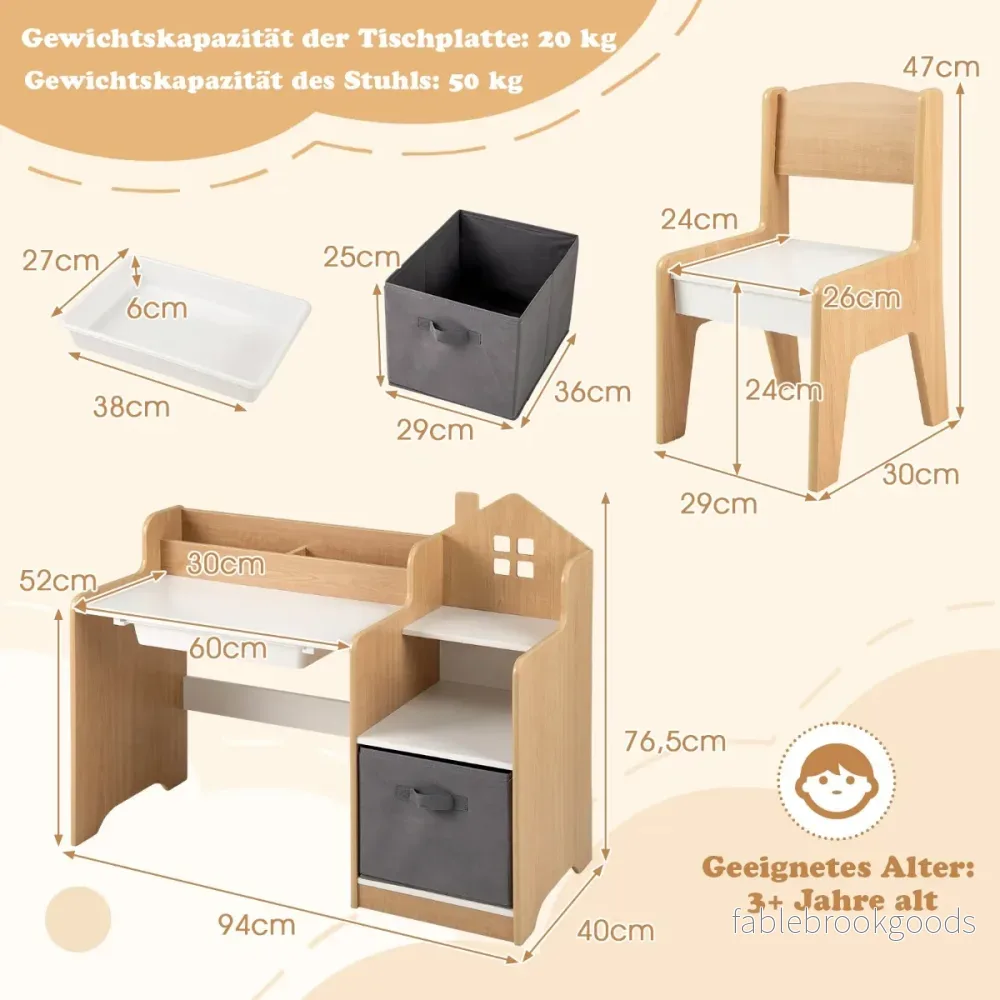 Skrivbord – och stolset för barn Skolbord med öppna hyllor Vit + – Natur - Bild 2
