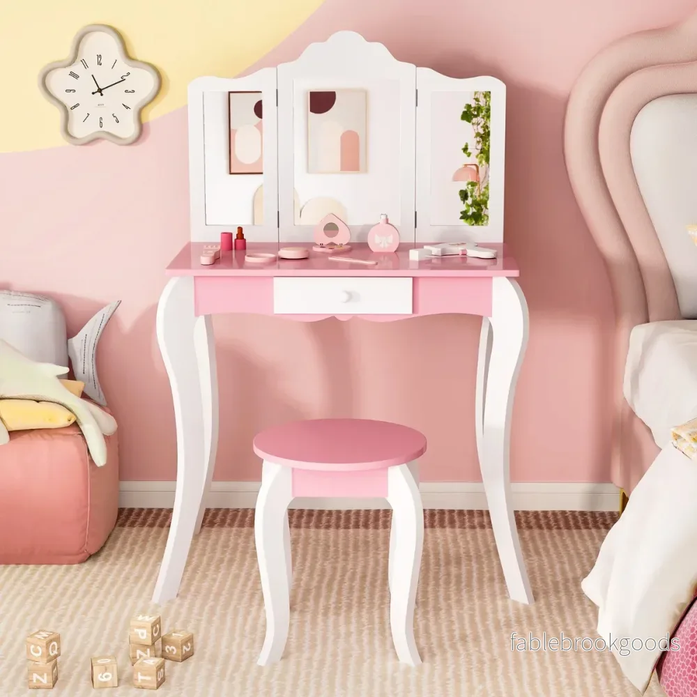 i – sminkbord för barn med pall och vägs avtagbar spegel – 2 1 3 – Rosa - Bild 3