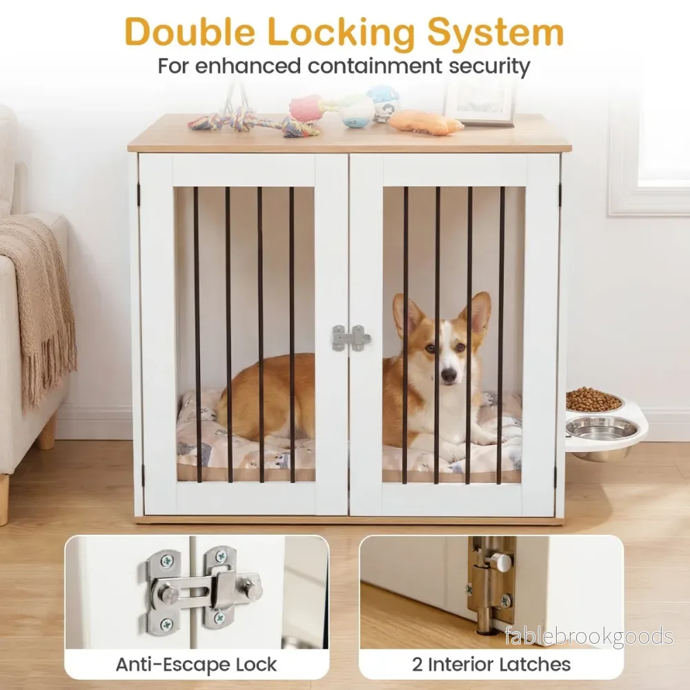 Hundbox – med 360° roterande matskålar och låsbar dörr hundbur sidobord – Vit - Bild 3