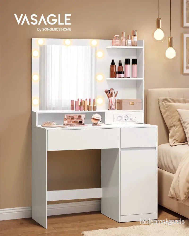 Kaptafel - Met Verlichte Spiegel en Schuifladen - Matwit - 80 x 80 x 144,3 cm - Bild 2
