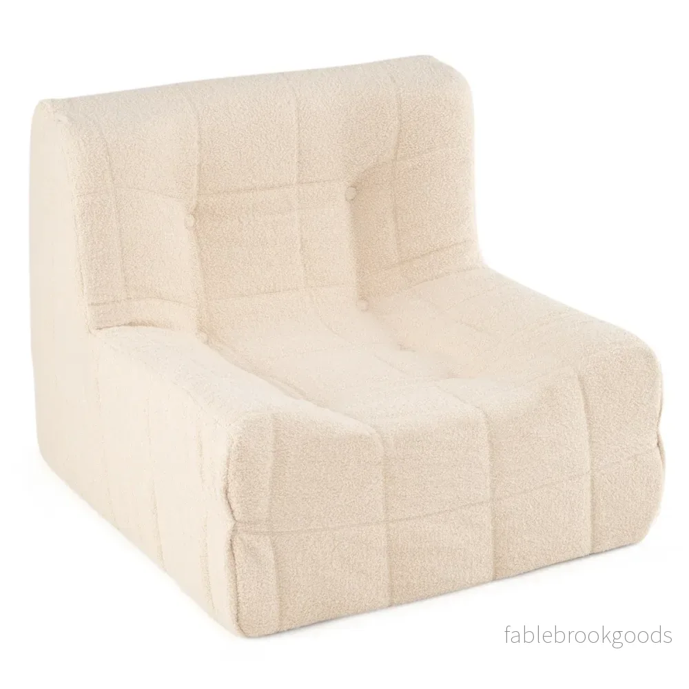 Bodensoffa – sittpuff med helgjuten skumgummi och teddyplushöverdrag prydnadsknappar – Vit