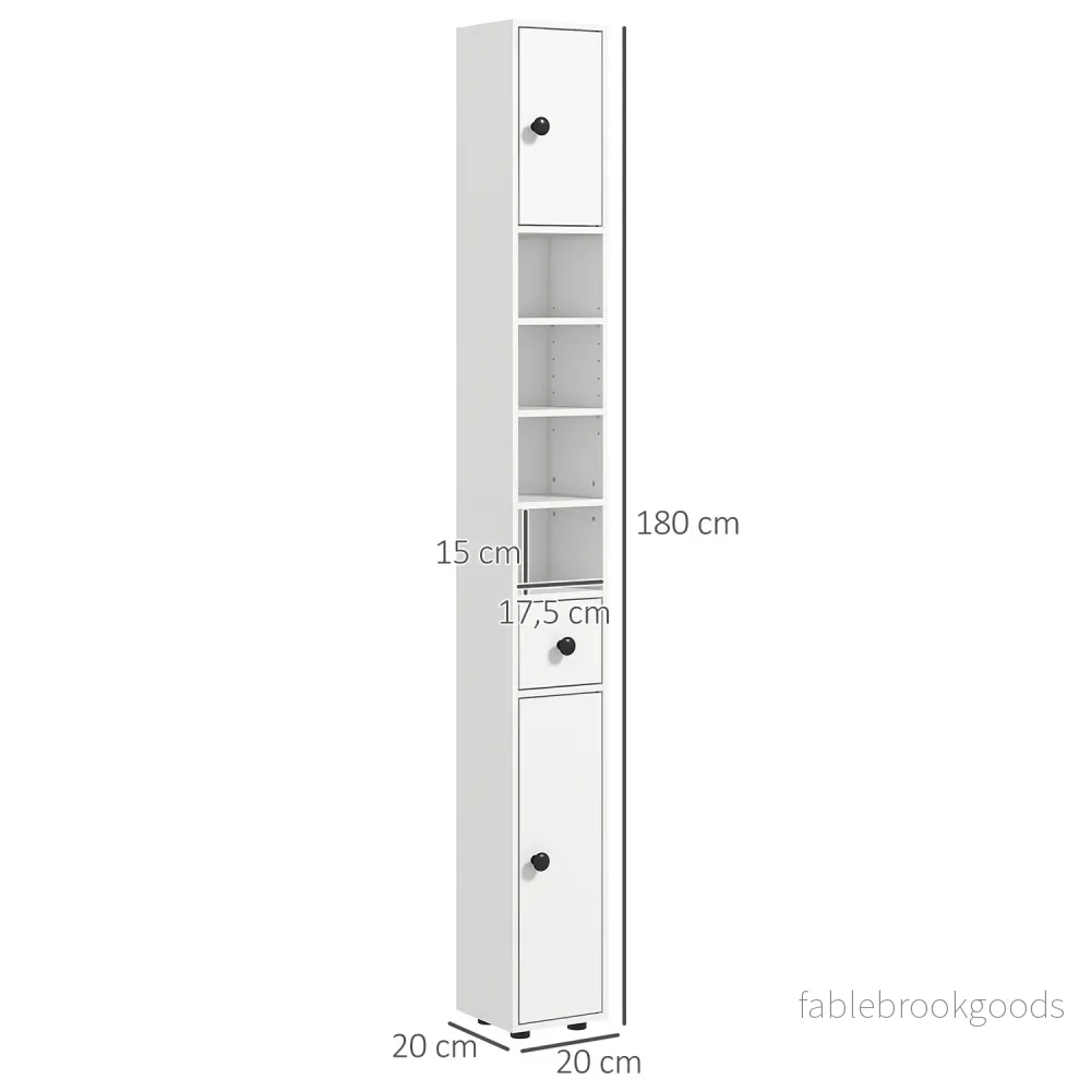 Badrumsskåp, 4 hyllplan, låda, spånskiva, slimmad design, vit - Bild 3